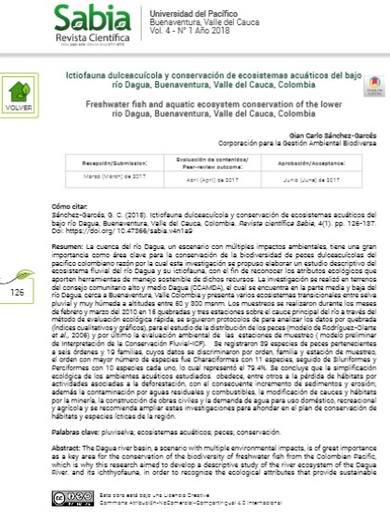 Ictiofauna dulceacuícola y conservación de ecosistemas acuáticos del bajo río Dagua, Buenaventura, Valle del Cauca, Colombia