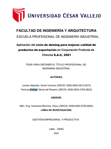 Aplicación del ciclo de Deming para mejorar calidad de productos de exportación en Corporación Frutícola de Chincha S.A.C, 2021