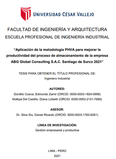 Aplicación de la metodología PHVA para mejorar la productividad del proceso de almacenamiento de la empresa ABG Global Consulting S.A.C. Santiago de Surco 2021