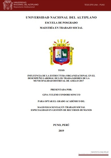 Influencia de la estructura organizacional en el desempeño laboral de los trabajadores de la Municipalidad Distrital de Asillo 2017