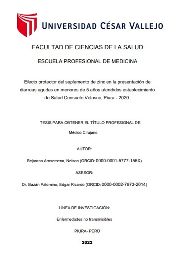 Efecto protector del suplemento de zinc en la presentación de diarreas agudas en menores de 5 años atendidos establecimiento de Salud Consuelo Velasco, Piura - 2020