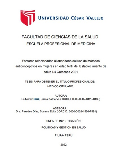 Factores relacionados al abandono del uso de métodos anticonceptivos en mujeres en edad fértil del Establecimiento de salud I-4 Catacaos 2021