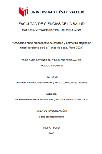 Asociación entre antecedente de cesárea y dermatitis atópica en niños escolares de 6 a 7 años de edad. Piura-2021