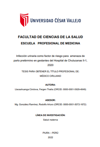 Infección urinaria como factor de riesgo para amenaza de parto pretèrmino en gestantes del Hospital de Chulucanas II-1, 2020