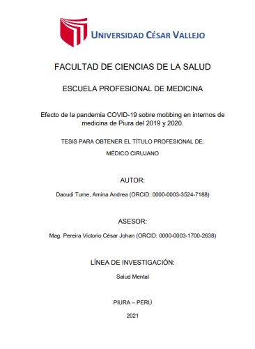 Efecto de la pandemia COVID-19 sobre mobbing en internos de medicina de Piura del 2019 y 2020