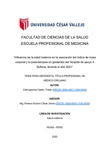 Influencia de la edad materna en la asociación del índice de masa corporal y la preeclampsia en gestantes del Hospital de apoyo II Sullana, durante el año 2021