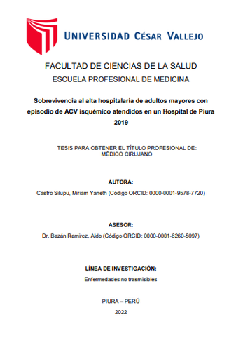 Sobrevivencia al alta hospitalaria de adultos mayores con episodio de ACV isquémico atendidos en un hospital de Piura 2019