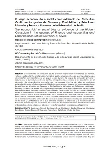 El sesgo economicista o social como evidencia del curriculum oculto en los grados de Finanzas y Contabilidad y Relaciones laborales y Recursos Humanos de la Universidad de Sevilla