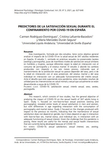 Predictores de la satisfacción sexual durante el confinamiento por COVID-19 en España