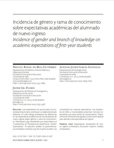 Incidencia de género y rama de conocimiento sobre expectativas académicas del alumnado de nuevo ingreso