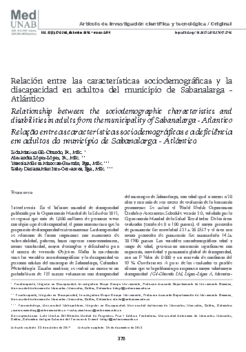 Relación entre las características sociodemográficas y la discapacidad en adultos del municipio de Sabanalarga - Atlántico
