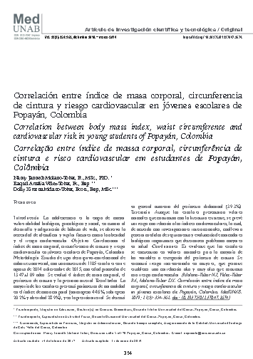 Correlación entre índice de masa corporal, circunferencia de cintura y riesgo cardiovascular en jóvenes escolares de Popayán, Colombia