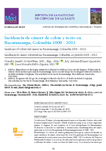 Incidencia de cáncer de colon y recto en Bucaramanga, Colombia 2008 - 2012