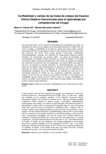 Confiabilidad y validez de las listas de cotejos del exámen clínico objetivo estructurado para el aprendizaje por competencias de cirugía