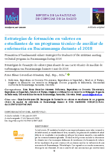 Estrategias de formación en valores en estudiantes de un programa técnico de auxiliar de enfermería en Bucaramanga durante el 2018