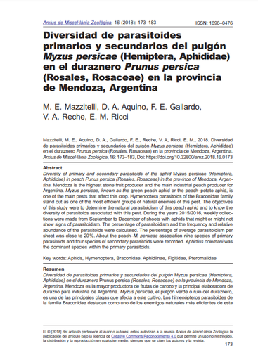 Diversidad de parasitoides primarios y secundarios del pulgón Myzus persicae (Hemiptera, Aphididae) en el duraznero Prunus persica (Rosales, Rosaceae) en la provincia de Mendoza, Argentina