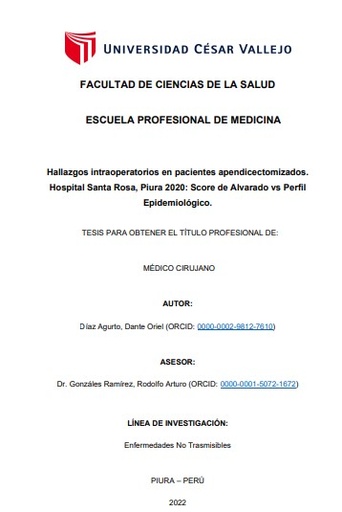 Hallazgos intraoperatorios en pacientes apendicectomizados. Hospital Santa Rosa, Piura 2020: Score de Alvarado vs Perfil Epidemiológico