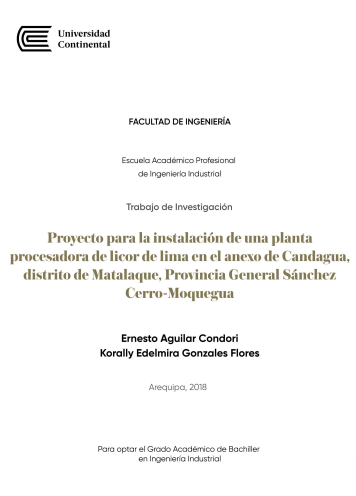 Proyecto para la instalación de una planta procesadora de licor de lima en el anexo de Candagua, distrito de Matalaque, Provincia General Sánchez Cerro-Moquegua