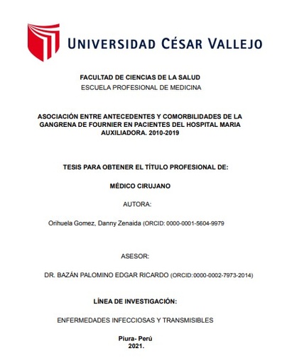 Asociación entre antecedentes y comorbilidades de la gangrena de Fournier en pacientes del Hospital Maria Auxiliadora. 2010-2019