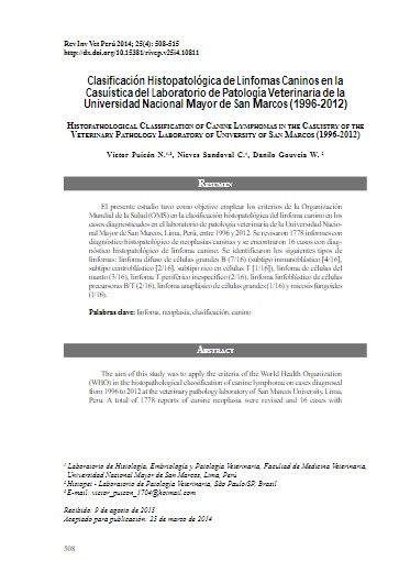 Clasificación Histopatológica de Linfomas Caninos en la Casuística del Laboratorio de Patología Veterinaria de la Universidad Nacional Mayor de San Marcos (1996-2012)