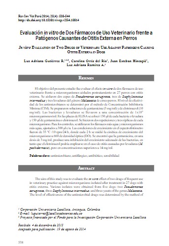 Evaluación in vitro de Dos Fármacos de Uso Veterinario frente a Patógenos Causantes de Otitis Externa en Perros