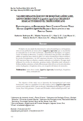 VALORES HEMATOLÓGICOS Y DE BIOQUÍMICA SÉRICA DEL MONO CHORO COMÚN (Lagothrix lagotricha) CRIADO EN SEMICAUTIVERIO EN EL TRÓPICO PERUANO.