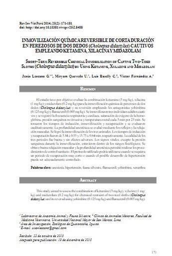 INMOVILIZACIÓN QUÍMICA REVERSIBLE DE CORTA DURACIÓN EN PEREZOSOS DE DOS DEDOS (Choloepus didactylus) CAUTIVOS EMPLEANDO KETAMINA, XILACINA Y MIDAZOLAM.