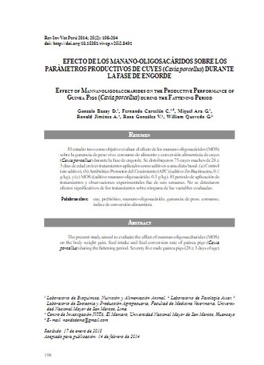 EFECTO DE LOS MANANO-OLIGOSACÁRIDOS SOBRE LOS PARÁMETROS PRODUCTIVOS DE CUYES (Cavia porcellus) DURANTE LA FASE DE ENGORDE.