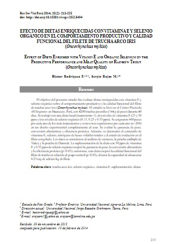 EFECTO DE DIETAS ENRIQUECIDAS CON VITAMINA E Y SELENIO ORGÁNICO EN EL COMPORTAMIENTO PRODUCTIVO Y CALIDAD FUNCIONAL DEL FILETE DE TRUCHA ARCO IRIS (Oncorhynchus mykiss).