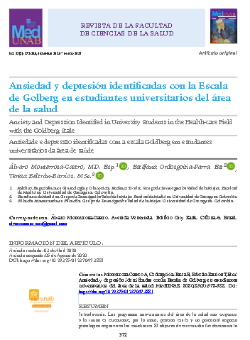 Ansiedad y depresión identificadas con la Escala de Golberg en estudiantes universitarios del área de la salud