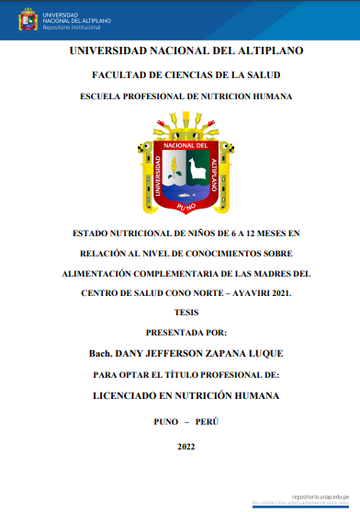 Estado nutricional de niños de 6 a 12 meses en relación al nivel de conocimientos sobre alimentación complementaria de las madres del Centro de Salud Cono Norte – Ayaviri 2021.