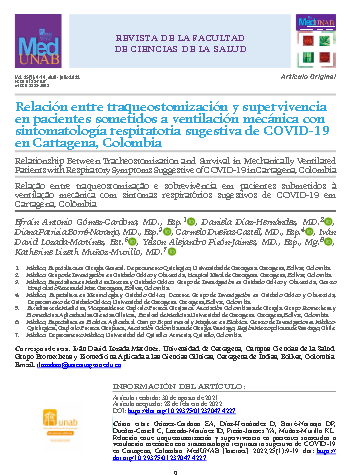 Relación entre traqueostomización y supervivencia en pacientes sometidos a ventilación mecánica con sintomatología respiratoria sugestiva de COVID-19 en Cartagena, Colombia