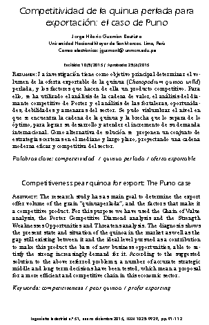 Competitividad de la quinua perlada para exportación: el caso de Puno