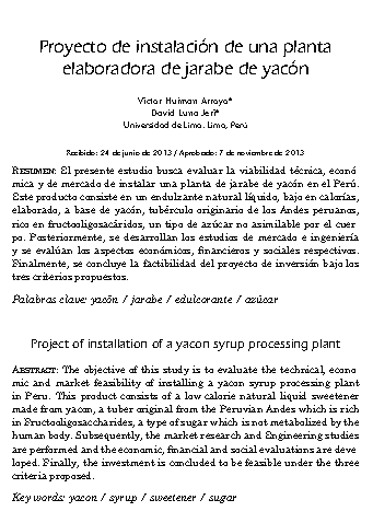 Proyecto de instalación de una planta elaboradora de jarabe de yacón