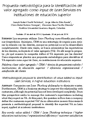 Propuesta metodológica para la identificación del valor agregado como input de Lean Services, en instituciones de educación superior