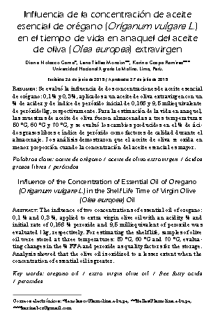 Influencia de la concentración de aceite esencial de orégano (Origanum vulgare L.) en el tiempo de vida en anaquel del aceite de oliva (Olea europea) extravirgen