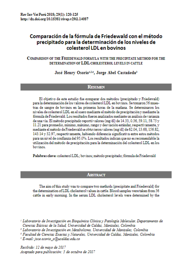 Comparación de la Formula de Friedewald con el método precipitado para la determinación de los niveles de colesterol LDL en bovinos