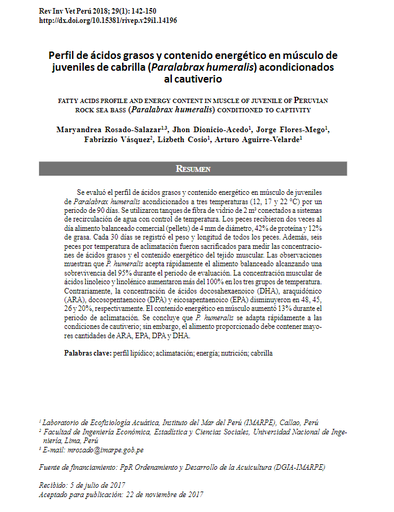 Perfil de ácidos grasos y contenido energético en músculo de juveniles de cabrilla (Paralabrax humeralis) acondicionados al cautiverio