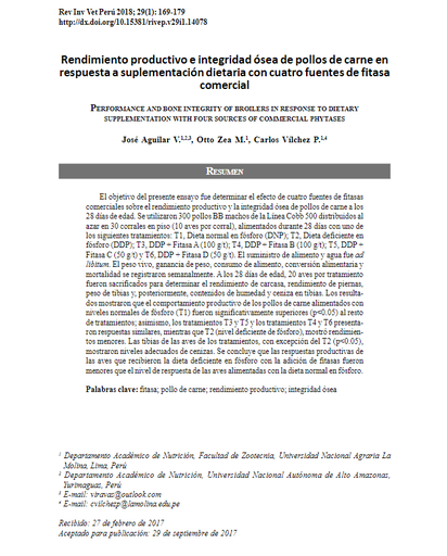 Rendimiento Productivo e Integridad Ósea de Pollos de Carne en Respuesta a Suplementación Dietaria con Cuatro Fuentes de Fitasa Comercial