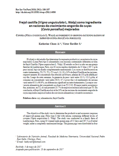 Frejol castilla (Vigna unguiculata l. Walp) como ingrediente en raciones de crecimiento-engorde de cuyes (Cavia porcellus) mejorados
