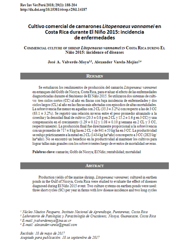 Cultivo comercial de camarones Litopenaeus vannamei en Costa Rica durante el niño 2015: incidencia de enfermedades