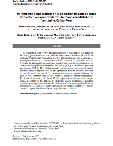 Parámetros demográficos en la población de canes y gatos domésticos en asentamientos humanos del distrito de Ventanilla, Callao-Perú