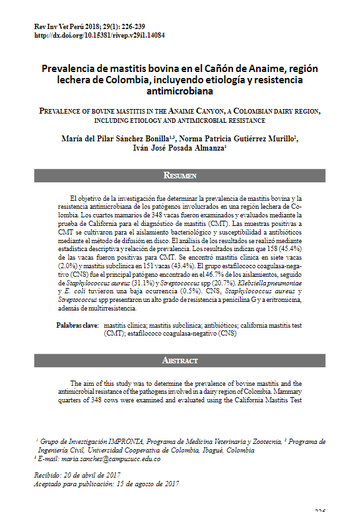 Prevalencia de mastitis bovina en el Cañón de Anaime, región lechera de Colombia, incluyendo etiología y resistencia antimicrobiana