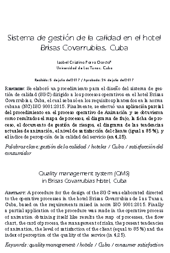 Sistema de gestión de la calidad en el hotel Brisas Covarrubias, Cuba