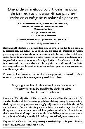 Diseño de un método para la determinación de las medidas antropométricas para ser usadas en el tallaje de la población peruana