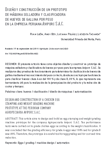 Diseño y construcción de un prototipo de máquina selladora y clasificadora de huevos de gallina por peso, en la empresa peruana Aviporc S.A.C