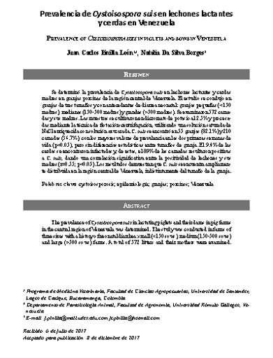 Prevalencia de Cystoisospora suis en lechones lactantes y cerdas en Venezuela