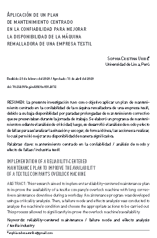 Aplicación de un plan de mantenimiento centrado en la confiabilidad para mejorar la disponibilidad de la máquina remalladora de una empresa textil