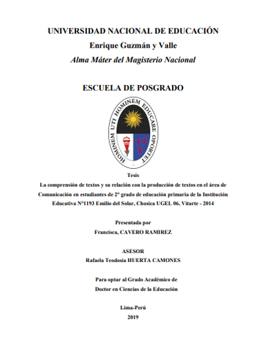La comprensión de textos y su relación con la producción de textos en el área de Comunicación en estudiantes de 2° grado de educación primaria de la Institución Educativa N°1193 Emilio del Solar, Chosica UGEL 06, Vitarte - 2014