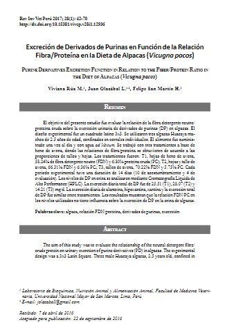 Excreción de Derivados de Purinas en Función de la Relación Fibra/Proteína en la Dieta de Alpacas (Vicugna pacos)